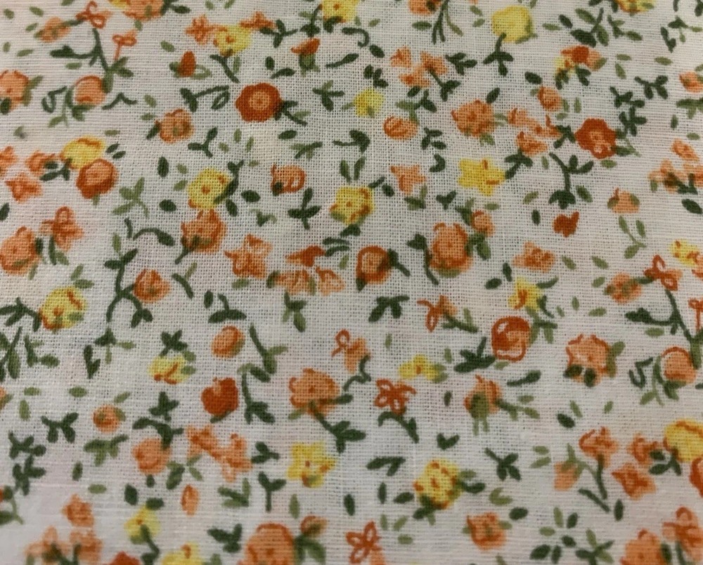 Vtg Floral Calico Print Fabric Dainty Orange And Yellow Flowers On White BTHY
