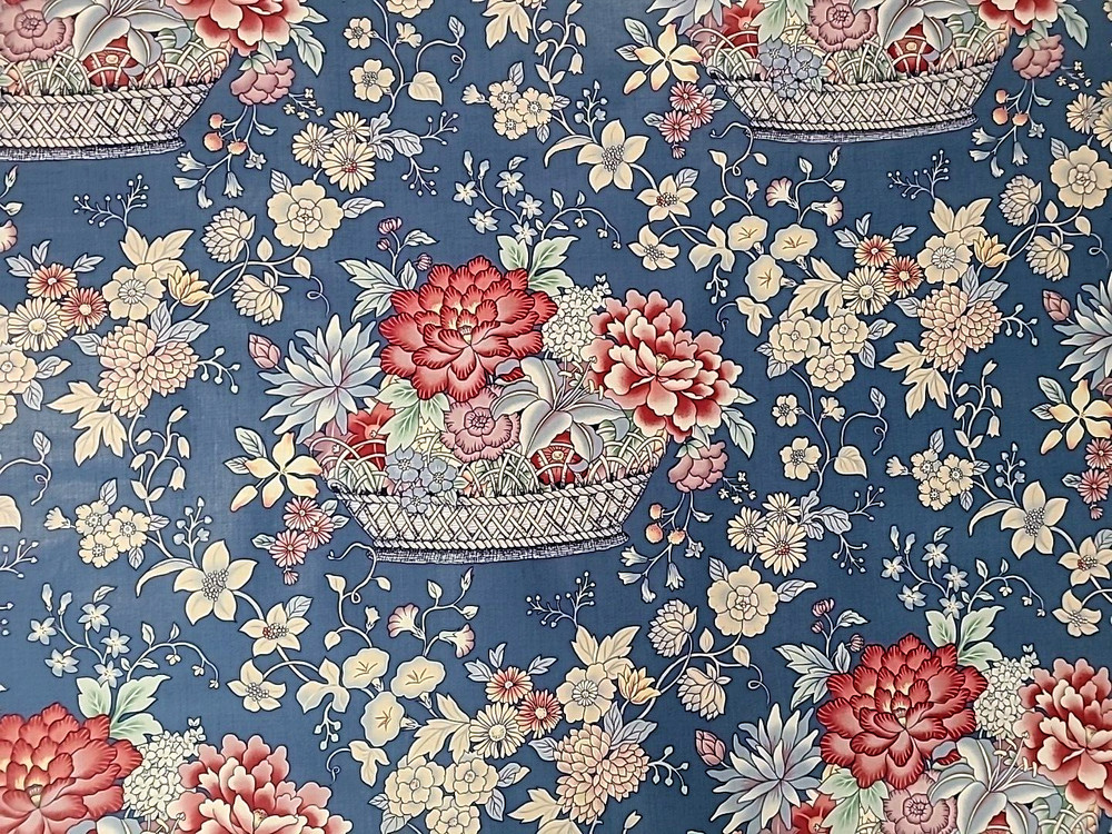 Stanley King Studio Large Floral Basket Blue Red Chintz Fabric BTY x 54″L