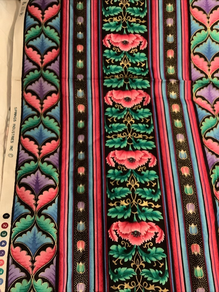 Vintage Spring Industries Fabric Black Floral Stripe Pink Purple Blue Green 1 Yd