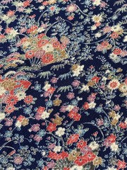 Vintage Japanese kimono silk fabric Chirimen/ navy blue, fans OT14