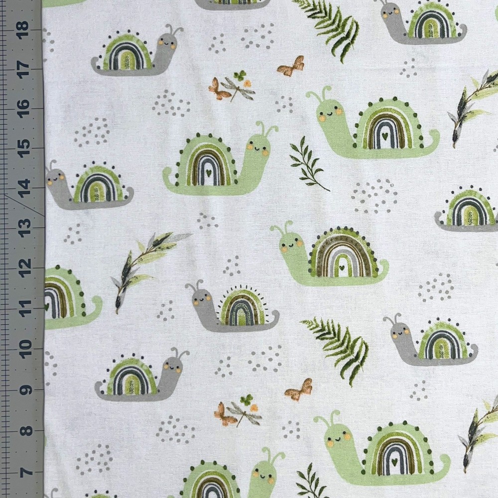 Flannel Fabric | Nursery Baby Nature Crawls Snail Butterfly White | Springs YARD