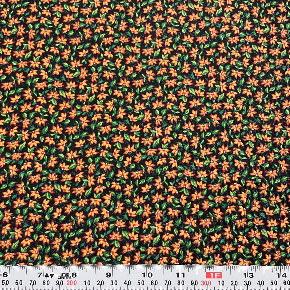 Golden Yellow & Red Florals on Black Unbranded Cotton Fabric HALF YARD 18″ x 44″