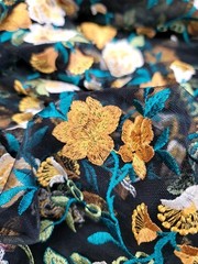 Fabric By The Yard Embroidered Yellow Teal Floral Black Mesh Lace For Dress Prom