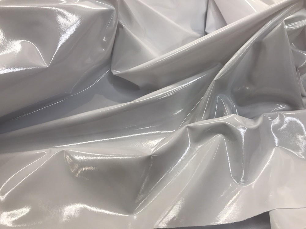 WHITE GLOSSY VINYL FAUX LEATHER-4 WAY STRETCH DANCE WEAR SPANDEX. BY YARD.