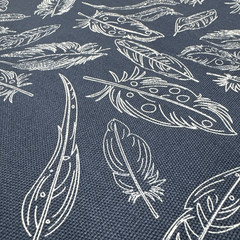 Panache White Feathers Navy Blue Cotton Canvas Fabric BTY #41