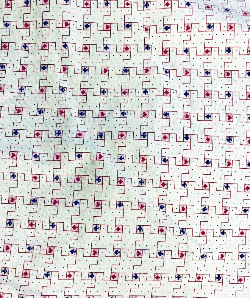 VTG Tiny Card Suits & Blue Dots in a Red Grid Pattern on Soft White BTFQ