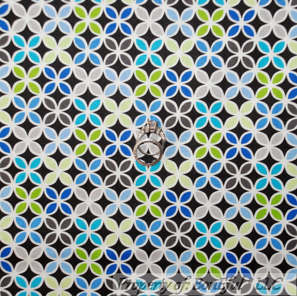 BonEful Fabric FQ Cotton Quilt Black White B&W Blue Gray Green Calico Dot Stripe