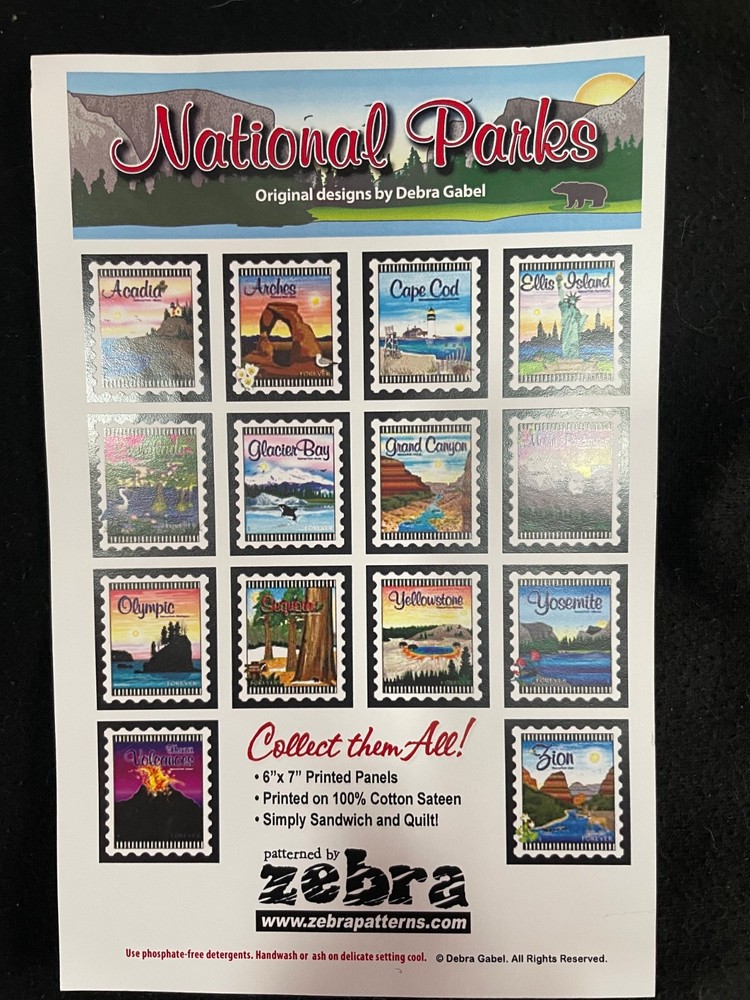 24-100% COTTON SATEEN 6″x7″ NATIONAL PARK QUILT PANELS BY ZEBRA