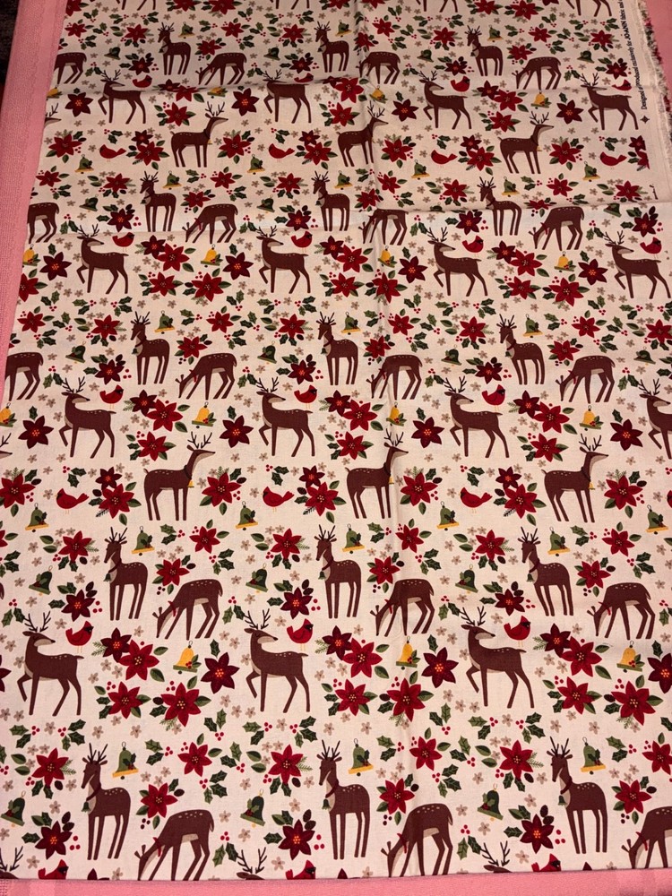 2 YDS COTTON FABRIC JOANN CHRISTMAS REINDEER, POINSETTIAS, BELLS UNWASHED