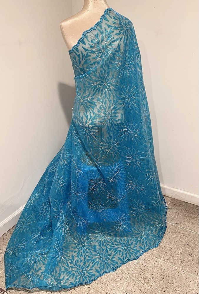 Turquoise Blue Silver Beads Sequins Embroidery Fabric 50” Width Sold By The Yard