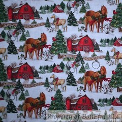BonEful Fabric Cotton Quilt White Snow Scenic Horse Farm Red Cardinal LAST SCRAP