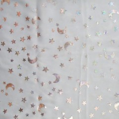 Silver stars and moon on Light Blue stretch Silky Spandex 1yd 12″ x 48