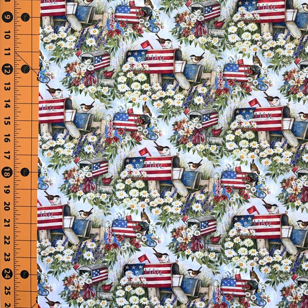 Patriotic Fabric | American Flag Mailbox Bird Flowers | Springs YARD