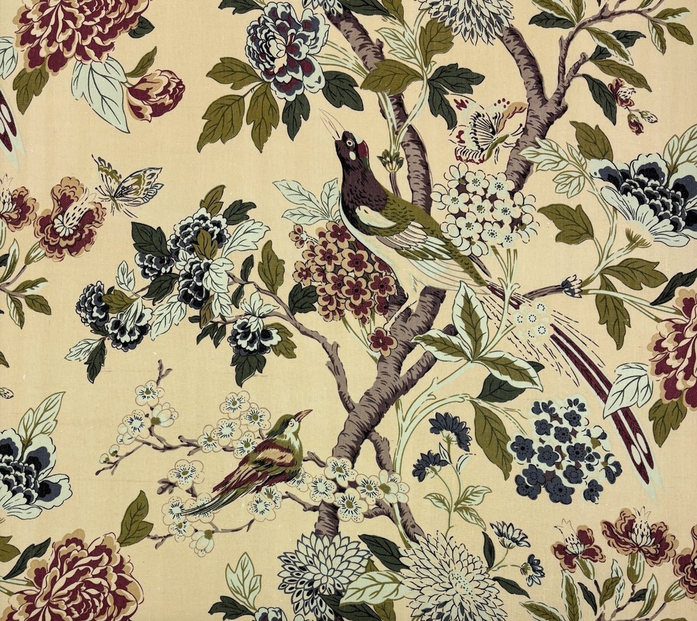 WHIPPOORWILL TAPESTRY BEIGE BIRD FLORAL LINEN FABRIC W/BACKING BY YARD 54″W