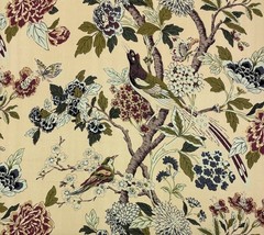 WHIPPOORWILL TAPESTRY BEIGE BIRD FLORAL LINEN FABRIC W/BACKING BY YARD 54″W