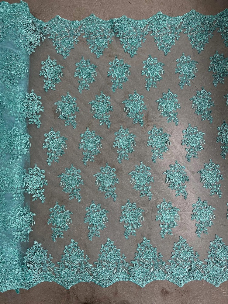 Brianna AQUA Polyester Floral Embroidery with Sequins on Mesh Lace Fabric by th
