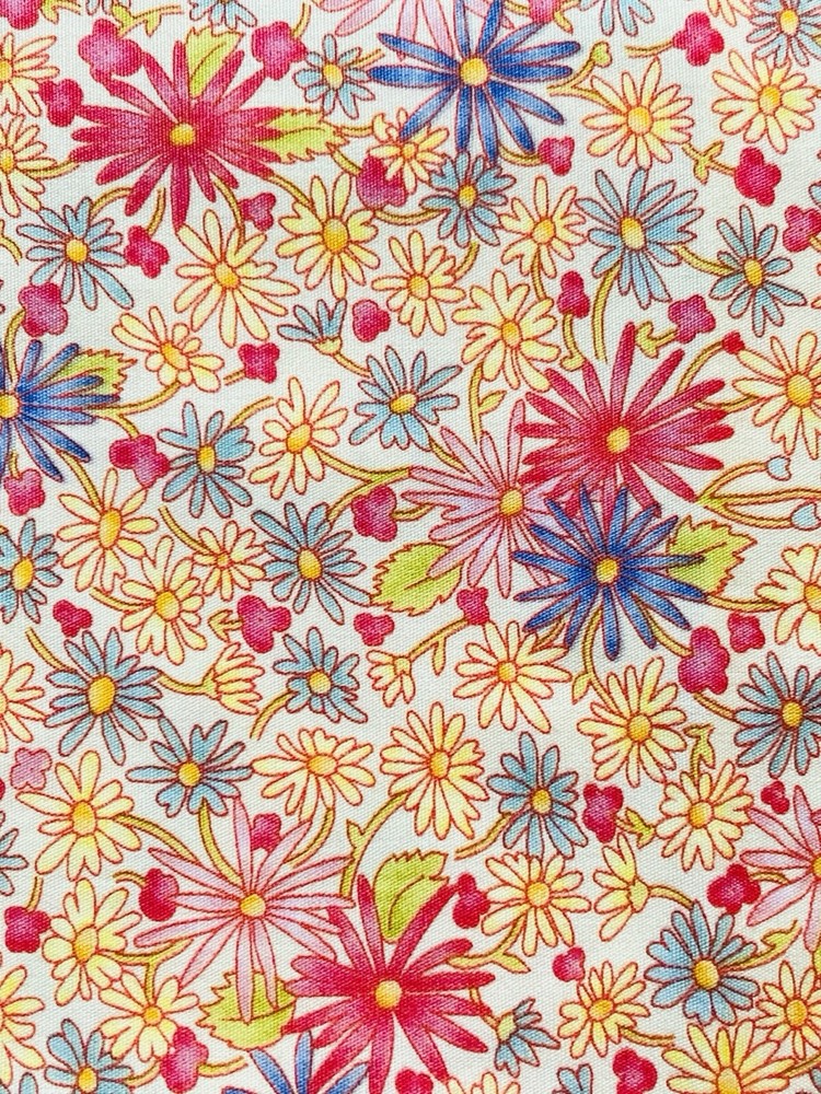 Fresh Pink Flowers Periwinkle Tan Blossoms Buds on White R Kaufman Fabric 2.25Y