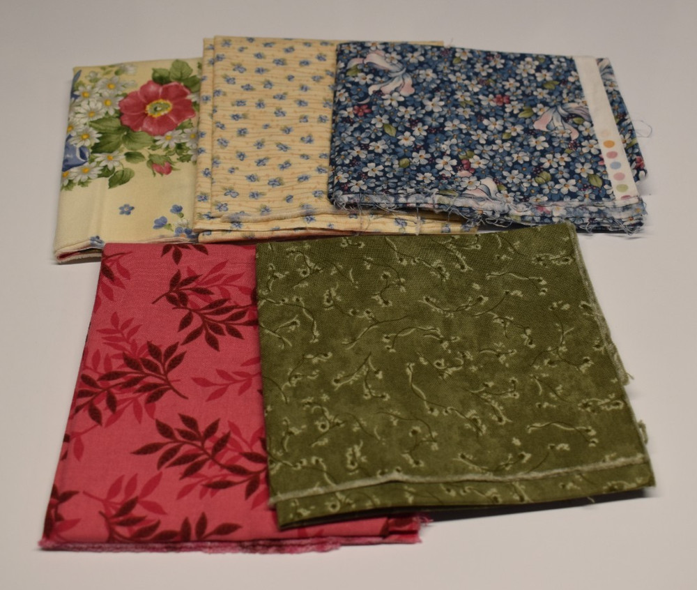 5 piece FQ LOT cotton fabric cream tan blue pink olive FLORAL ribbons bows