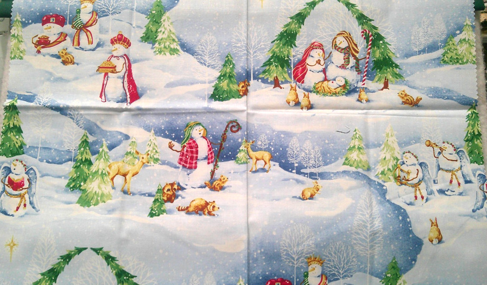 Fabric Red Rooster “O’ Snowy Night” 4 Pc Sampler Snowmen as Holy Family $8.95