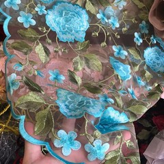 Iris TURQUOISE Floral and Leaves Embroidery on Mesh Lace Fabric by the Yard – 1