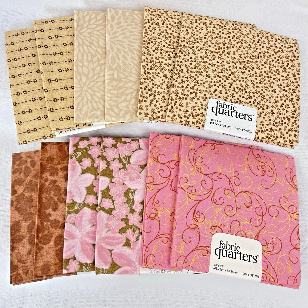Mixed Lot of 12 Quilt Fabric Quarters JoAnn Stores 2007-09 Brown Tan Pink