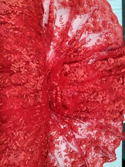 Red Beaded Lace 3d Floral Flowers Fabric by The Yard New Fashion Quinceañera