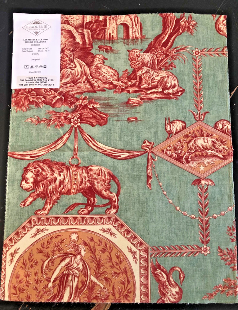 BRAQUENIE Les Muses et le Lion in Rouge, Celadon 13 5/8 x 17 3/4″ Fabric Sample