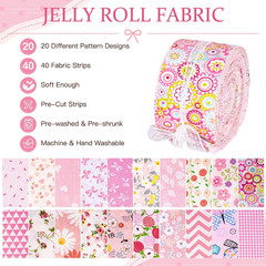 40Pcs Cotton Jelly Roll Fabric Strips for Quilting, 20 Pink Patterns | 2 of Each