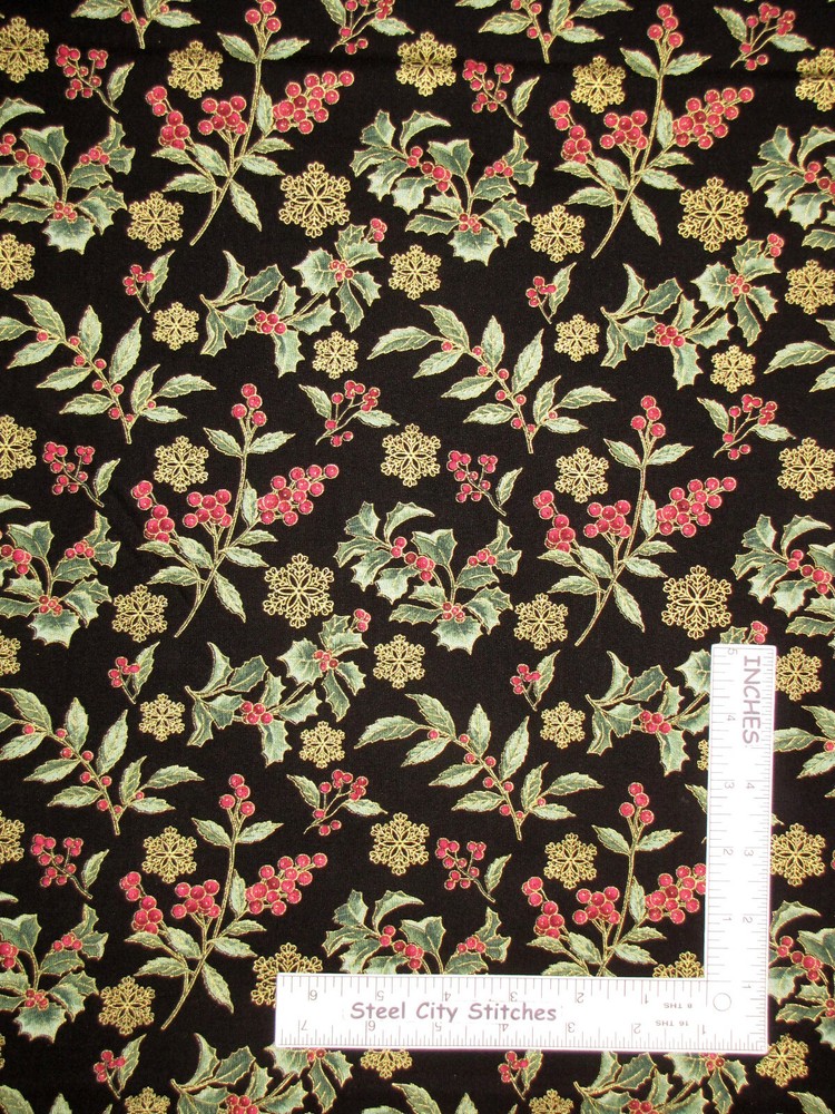 Christmas Holly Festive Chickadees Black Gold Cotton Fabric Benartex By Yard