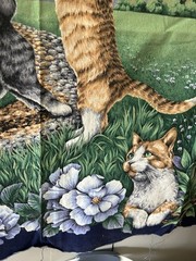 Vtg Blue Cat Fabric Panel Butterfly Bird Lilac Flowers PREWASHED Cotton Quilt