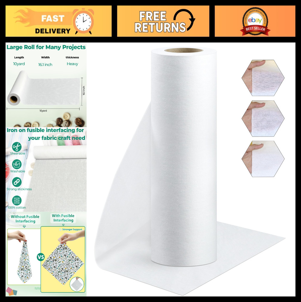 Woven Cotton Iron-On Fusible Interfacing 16.1″ x 10 Yards Heavyweight Fabric DIY