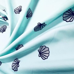 Spandex Fabric Seashells Baby Blue Print Stretch 60″ wide Swimsuit By the Yard