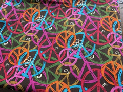 Groovy Peace Symbols Fabric; Brown with Orange, Pink, Green, Red, Yellow. BTHY