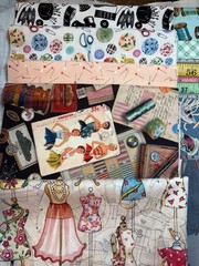 Sewing Theme cotton fabric scraps buttons thread 9″ x 21″ lot of 10 fat eighths