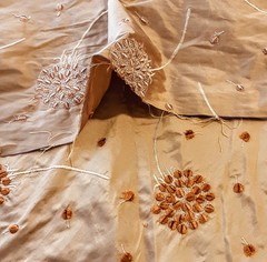 Embroidered 100% Silk Fabric 5yds X 54″ W Irridescent Copper Gold w 3D Floral