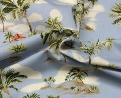 AMETEX TROPICAL ISLAND SKY BLUE #D4006 PALM TREE TIKI HUT FABRIC BY YARD 54″W