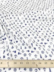 NAUTICAL WHITE POLISHED COTTON ANCHOR LIGHTHOUSE Fabric 44″W BTY Craft Decor