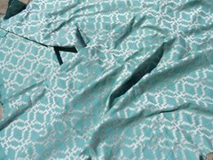 Turquoise Linen White Embroidered Fabric Geometric Kilim Home Decor Crafts BTY