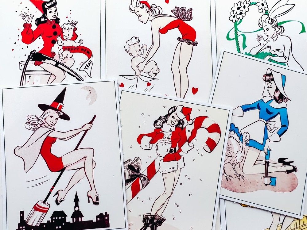 Set of 9 Vintage Retro Mid-Century Holiday Pin-Ups Quilt Cotton FABRIC Panels