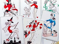 Set of 9 Vintage Retro Mid-Century Holiday Pin-Ups Quilt Cotton FABRIC Panels