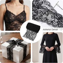 5 Yards X 4.5 Inches Black Lace Fabric for Sewing DIY Crafts, Floral Pattern Str