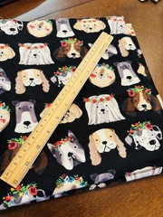 Super Snuggle Flannel Fabric Dogs w Flower Halo Wreaths on Black BTHY 42″W PUPS