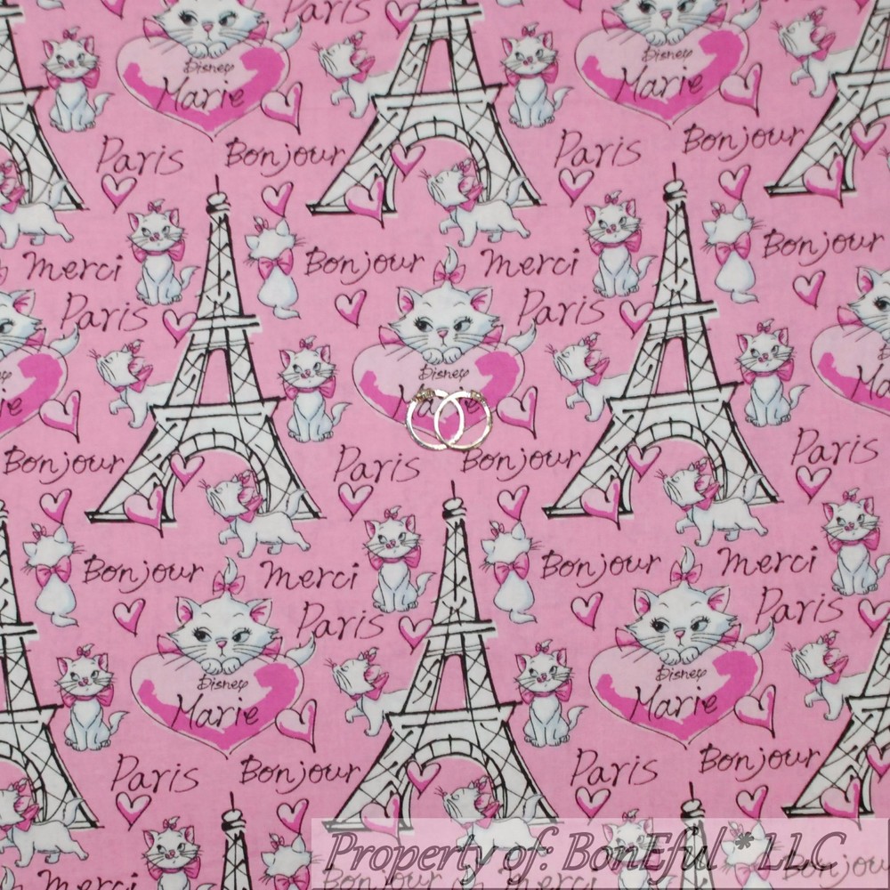 BonEful FABRIC FQ Cotton Quilt VTG Pink B&W Aristocat Disney Kitty Cat Paris Dot