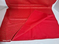 Vintage Red & Gold Handmade Tablecloth 68″ x 44″ Floral Scroll Design 1970’s