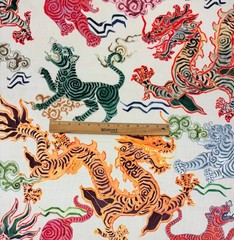 HAMILTON TIBETAN TIGER NATURAL DRAGONS PRINTED VELVET FABRIC BY THE YARD 54″W