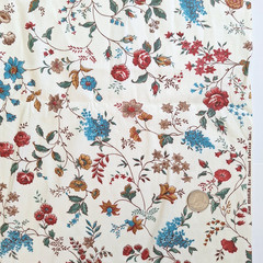Flowers Vines Red Teal On Cream Chintz Joan Kessler Concord Cotton Fabric 2.5 YD