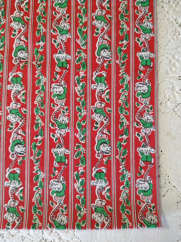 REMNANT Holiday Stripe Christmas Fabric Bunnies Bears Candy Canes Holly 17×22″