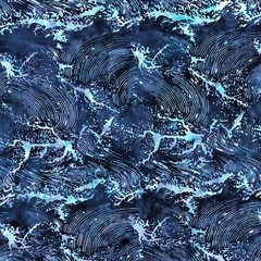 batik crashing waves navy blue aqua turquoise prewashed 100% cotton 1yd