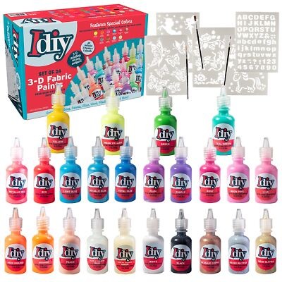 Fabric Paint Set with Glitter Metallic Neon and Glow-in-the-Dark Colors