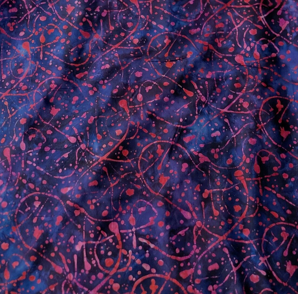 Dark Pink “Paint Splatters” on Mottled Navy Blue Batik Cotton – Fabulous!